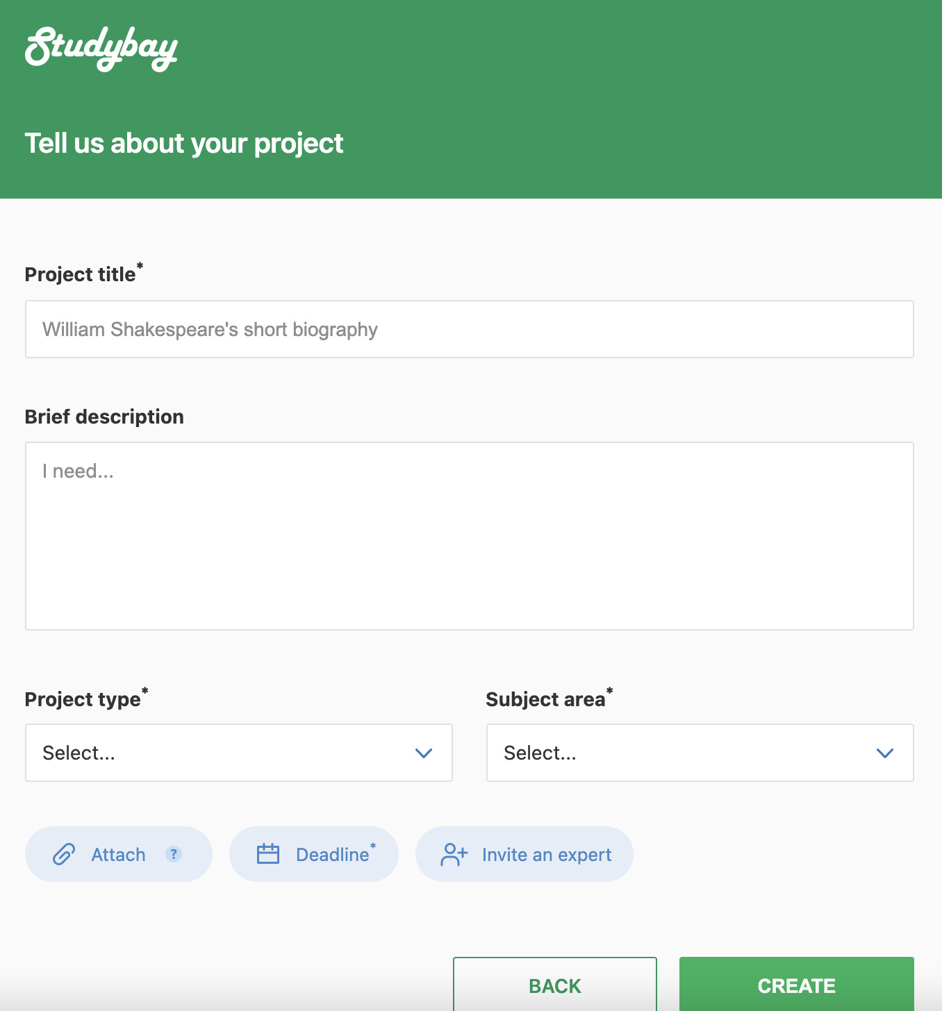 Page with fields to create a project