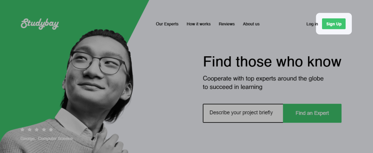 Sign up link in the top right corner on studybay.com page