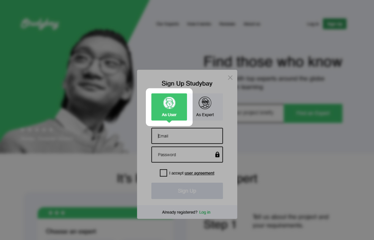 User tab (with sign 'As User') selection to register as a student