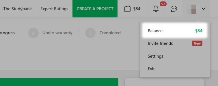 Link to balance page on the dropdown menu after clicking top right button (with student avatar) in the navigation panel.